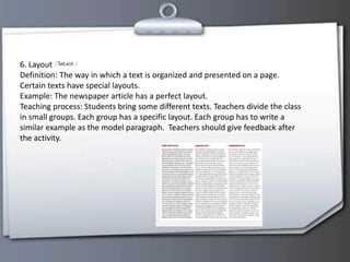 6. Layout
Definition: The way in which a text is organized and presented on a page.
Certain texts have special layouts.
Example: The newspaper article has a perfect layout.
Teaching process: Students bring some different texts. Teachers divide the class
in small groups. Each group has a specific layout. Each group has to write a
similar example as the model paragraph. Teachers should give feedback after
the activity.
 