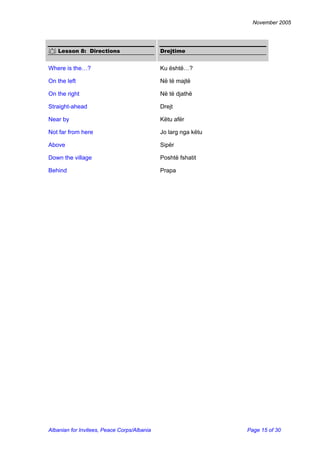November 2005 
 Lesson 8: Directions 
Drejtime 
Where is the…? 
Ku është…? 
On the left 
Në të majtë 
On the right 
Në të djathë 
Straight-ahead 
Drejt 
Near by 
Këtu afër 
Not far from here 
Jo larg nga këtu 
Above 
Sipër 
Down the village 
Poshtë fshatit 
Behind 
Prapa 
Albanian for Invitees, Peace Corps/Albania Page 15 of 30 
 