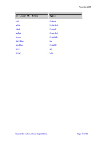 November 2005 
 Lesson 14: Colors 
Ngjyra 
red 
i/e kuqe 
white 
i/e bardhë 
black 
i/e zezë 
yellow 
i/e verdhë 
green 
i/e gjelbër 
dark blue 
blu 
sky blue 
i/e kaltër 
grey 
gri 
brown 
kafe 
Albanian for Invitees, Peace Corps/Albania Page 21 of 30 
 