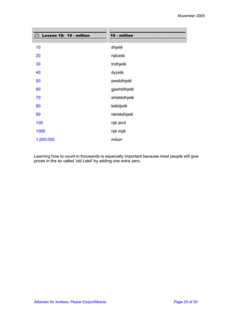 November 2005 
 Lesson 18: 10 - million 
10 - million 
10 
dhjetë 
20 
njëzetë 
30 
tridhjetë 
40 
dyzetë 
50 
pesëdhjetë 
60 
gjashtdhjetë 
70 
shtatëdhjetë 
80 
tetëdjetë 
90 
nëntëdhjetë 
100 
një qind 
1000 
një mijë 
1,000,000 
milion 
Learning how to count in thousands is especially important because most people still give prices in the so called 'old Lekë' by adding one extra zero. 
Albanian for Invitees, Peace Corps/Albania Page 25 of 30 
 