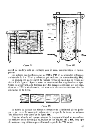 Figura 114 Figura 115
pared de madera está en contacto con el agua, suprimiéndose el torna-
puntas.
Las estacas acostumbran a ser de 0'18 a 0'25 m de diámetro colocadas
a distancia de 1 a 1'25 m y enlazadas por tablones con travesaños (fig. 114).
La ataguía con doble pared de madera forma un cajón que se rellena de
tierra. En la figura 115 puede verse un esquema de las ataguías de este tipo.
Como se observará, está formada por dos paredes continuas de tablones,
situados a 2'25 m de distancia, con una serie de estacas externas bien in-
crustadas en la tierra.
Figura 116
La forma de colocar los tablones depende de la finalidad que se persi-
ga; si se trata de conseguir solamente el apoyo de la tierra, se colocan
uno al lado del otro como en la figura 116.
Cuando además del apoyo interesa la impermeabilidad se ensamblan
los tablones en la forma que se.indican en las figuras 117 y 118. Este tipo
de sostén es muy utilizado para alturas de agua de 3 a 3'50 metros.
 