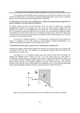 XIV Congreso Nacional de Ingeniería Sísmica, Guanajuato-León, México, Noviembre de 2003
9
Si la resistencia provista (ΣVR) excede en más de tres veces (factor R de reducción de la fuerza
sísmica) al cortante basal V, la estructura se comportará elásticamente ante el sismo severo, y solamente
requiere refuerzos mínimos que arriostren lateralmente a la albañilería.
5.2 Determinación de los factores de amplificación y verificación del agrietamiento diagonal de los
muros localizados en los pisos superiores al primero
El método supone que ante la acción del sismo severo, los muros del primer piso se agrietan
diagonalmente, alcanzando su resistencia VR1, por lo que las fuerzas internas elásticas (Me, Ve)
calculadas en la etapa 3, se verán amplificadas en la relación VR1 / Ve1, pasando a adoptar los valores
Mu, Vu asociados al mecanismo de falla por corte en el primer piso. Estos factores de amplificación deben
ser calculados en el primer piso de cada muro y no requieren ser mayores que 3 (factor R de reducción de
la fuerza sísmica). El hecho de que estos factores sean distintos, indica una falla progresiva en los muros,
en función a su nivel de resistencia VR.
Sí en un piso “i” superior al primero (i > 1) de algún muro, se obtiene que la fuerza cortante Vui
supera a la resistencia al corte VRi, entonces ese piso también se agrietará diagonalmente y sus
confinamientos deberán ser diseñados en forma similar al primer piso.
5.3 Determinación de las fuerzas internas en los confinamientos del primer piso
El primer piso requiere especial atención porque está sometido a las mayores cargas y por lo general, allí
se presenta la falla por corte. Las columnas de confinamiento presentan fuerzas de tracción (T),
compresión (C), y cortante (Vc).
Las fuerzas T, C, y Vc pueden evaluarse para casos sencillos (muros de un solo tramo y en
voladizo) por equilibrio como se indica en la fig. 12. En caso existan muros con varios tramos, o
conectados por vigas de concreto, o con paredes transversales, se presentan las fórmulas de la Tabla 1, las
que provienen de análisis mediante modelos analíticos como el indicado en la fig. 13. Estas fórmulas
prestan atención especial a las columnas localizadas en los dos extremos del muro, para que éstas
funcionen como topes que eviten el deslizamiento de la albañilería, con lo cual las franjas comprendidas
entre las grietas diagonales aportarán resistencia a carga lateral como se ilustra en la fig. 14.
Figura 12. Fuerzas internas en columnas de un muro confinado de un solo paño y en voladizo
C
h = Me1/Ve1
 