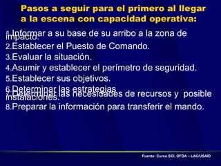 1.Informar a su base de su arribo a la zona de
impacto.
2.Establecer el Puesto de Comando.
3.Evaluar la situación.
4.Asumir y establecer el perímetro de seguridad.
5.Establecer sus objetivos.
6.Determinar las estrategias
7.Determinar las necesidades de recursos y posible
instalaciones.
8.Preparar la información para transferir el mando.
Fuente: Curso SCI, OFDA – LAC/USAID
Pasos a seguir para el primero al llegar
a la escena con capacidad operativa:
 