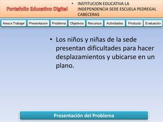 Presentación del Problema
Area a Trabajar Presentacion Problema Objetivos Recursos Actividades Producto EvaluaciónProductoActividades ProductoRecursos Actividades ProductoObjetivos Recursos Actividades ProductoProblema Objetivos Recursos Actividades ProductoPresentacion Problema Objetivos Recursos Actividades ProductoProblema
• INSTITUCION EDUCATIVA LA
INDEPENDENCIA SEDE ESCUELA PEDREGAL
CABECERAS
• Los niños y niñas de la sede
presentan dificultades para hacer
desplazamientos y ubicarse en un
plano.
 