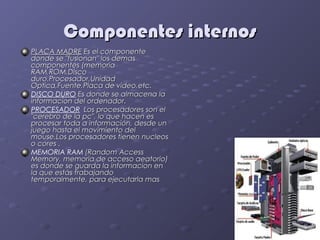 Componentes internos
PLACA MADRE Es el componente
donde se "fusionan" los demas
componentes (memoria
RAM,ROM,Disco
duro,Procesador,Unidad
Optica,Fuente,Placa de video,etc.
DISCO DURO Es donde se almacena la
informacion del ordenador.
PROCESADOR Los procesadores son el
"cerebro de la pc", lo que hacen es
procesar toda a información, desde un
juego hasta el movimiento del
mouse.Los procesadores tienen nucleos
o cores .
MEMORIA RAM (Random Access
Memory, memoria de acceso aeatorio)
es donde se guarda la informacion en
la que estás trabajando
temporalmente, para ejecutarla mas
 