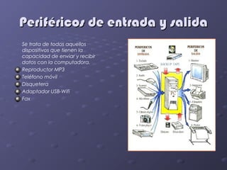 Periféricos de entrada y salida
Se trata de todos aquellos
dispositivos que tienen la
capacidad de enviar y recibir
datos con la computadora.
Reproductor MP3
Teléfono móvil
Disquetera
Adaptador USB-Wifi
Fax
 
