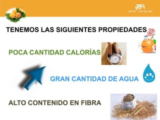TENEMOS LAS SIGUIENTES PROPIEDADES
POCA CANTIDAD CALORÍAS
GRAN CANTIDAD DE AGUA
ALTO CONTENIDO EN FIBRA
 