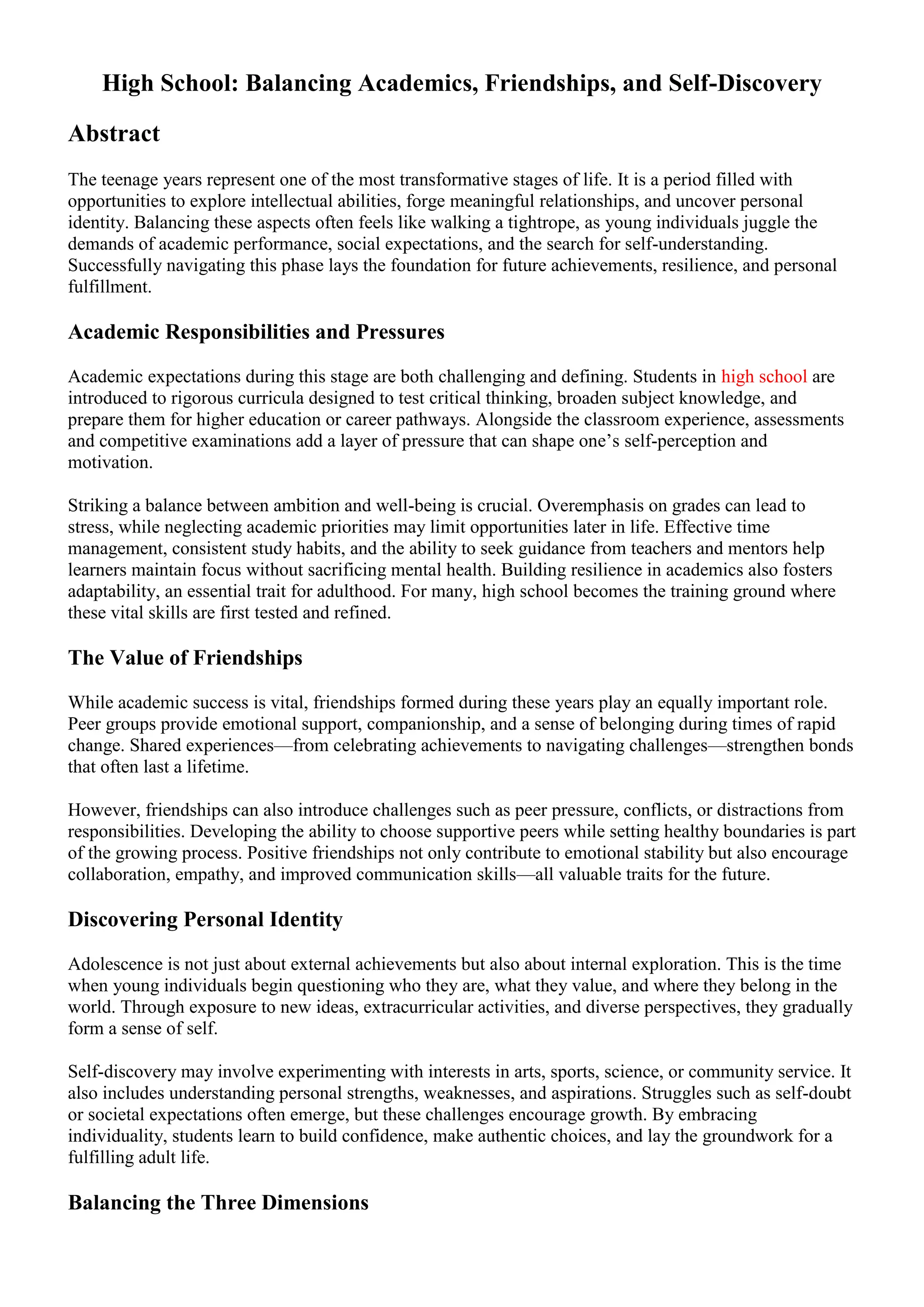 High School: Balancing Academics, Friendships, and Self-Discovery | PDF