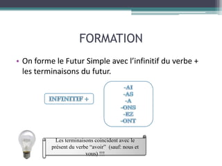FORMATION
• On forme le Futur Simple avec l’infinitif du verbe +
  les terminaisons du futur.




            Les terminaisons coincident avec le
          présent du verbe “avoir” (sauf: nous et
                         vous) !!!
 