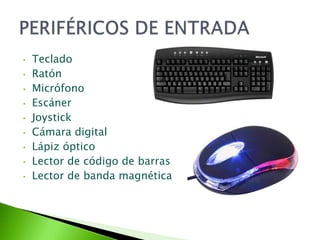 •   Teclado
•   Ratón
•   Micrófono
•   Escáner
•   Joystick
•   Cámara digital
•   Lápiz óptico
•   Lector de código de barras
•   Lector de banda magnética
 