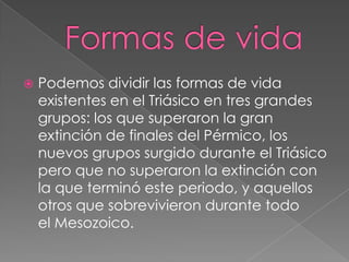 

Podemos dividir las formas de vida
existentes en el Triásico en tres grandes
grupos: los que superaron la gran
extinción de finales del Pérmico, los
nuevos grupos surgido durante el Triásico
pero que no superaron la extinción con
la que terminó este periodo, y aquellos
otros que sobrevivieron durante todo
el Mesozoico.

 