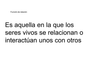 Función de relación 
Es aquella en la que los 
seres vivos se relacionan o 
interactúan unos con otros 
 