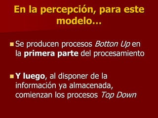 En la percepción, para este
modelo…
 Se producen procesos Botton Up en
la primera parte del procesamiento
 Y luego, al disponer de la
información ya almacenada,
comienzan los procesos Top Down
 