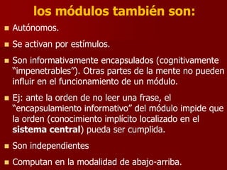  Autónomos.
 Se activan por estímulos.
 Son informativamente encapsulados (cognitivamente
“impenetrables”). Otras partes de la mente no pueden
influir en el funcionamiento de un módulo.
 Ej: ante la orden de no leer una frase, el
“encapsulamiento informativo” del módulo impide que
la orden (conocimiento implícito localizado en el
sistema central) pueda ser cumplida.
 Son independientes
 Computan en la modalidad de abajo-arriba.
los módulos también son:
 