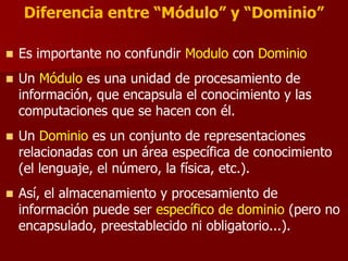  Es importante no confundir Modulo con Dominio
 Un Módulo es una unidad de procesamiento de
información, que encapsula el conocimiento y las
computaciones que se hacen con él.
 Un Dominio es un conjunto de representaciones
relacionadas con un área específica de conocimiento
(el lenguaje, el número, la física, etc.).
 Así, el almacenamiento y procesamiento de
información puede ser específico de dominio (pero no
encapsulado, preestablecido ni obligatorio...).
Diferencia entre “Módulo” y “Dominio”
 