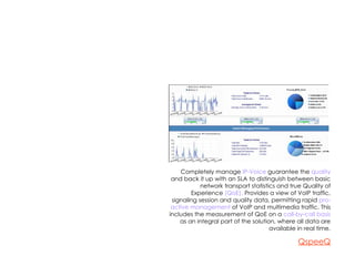 Completely manage  IP-Voice  guarantee the  quality  and back it up with an SLA to distinguish between basic network transport statistics and true Quality of Experience  (QoE).  Provides a view of VoIP traffic, signaling session and quality data, permitting rapid  pro-active management  of VoIP and multimedia traffic. This includes the measurement of QoE on a  call-by-call basis  as an integral part of the solution, where all data are available in real time. QspeeQ 