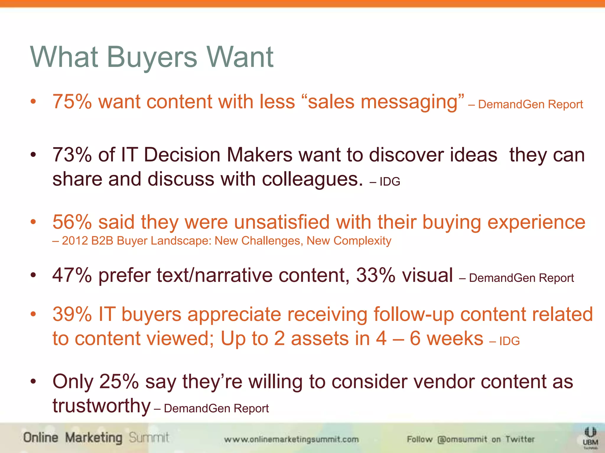 What Buyers Want
• 75% want content with less “sales messaging” – DemandGen Report

• 73% of IT Decision Makers want to discover ideas they can
  share and discuss with colleagues. – IDG

• 56% said they were unsatisfied with their buying experience
  – 2012 B2B Buyer Landscape: New Challenges, New Complexity


• 47% prefer text/narrative content, 33% visual – DemandGen Report
• 39% IT buyers appreciate receiving follow-up content related
  to content viewed; Up to 2 assets in 4 – 6 weeks – IDG

• Only 25% say they’re willing to consider vendor content as
  trustworthy – DemandGen Report
 