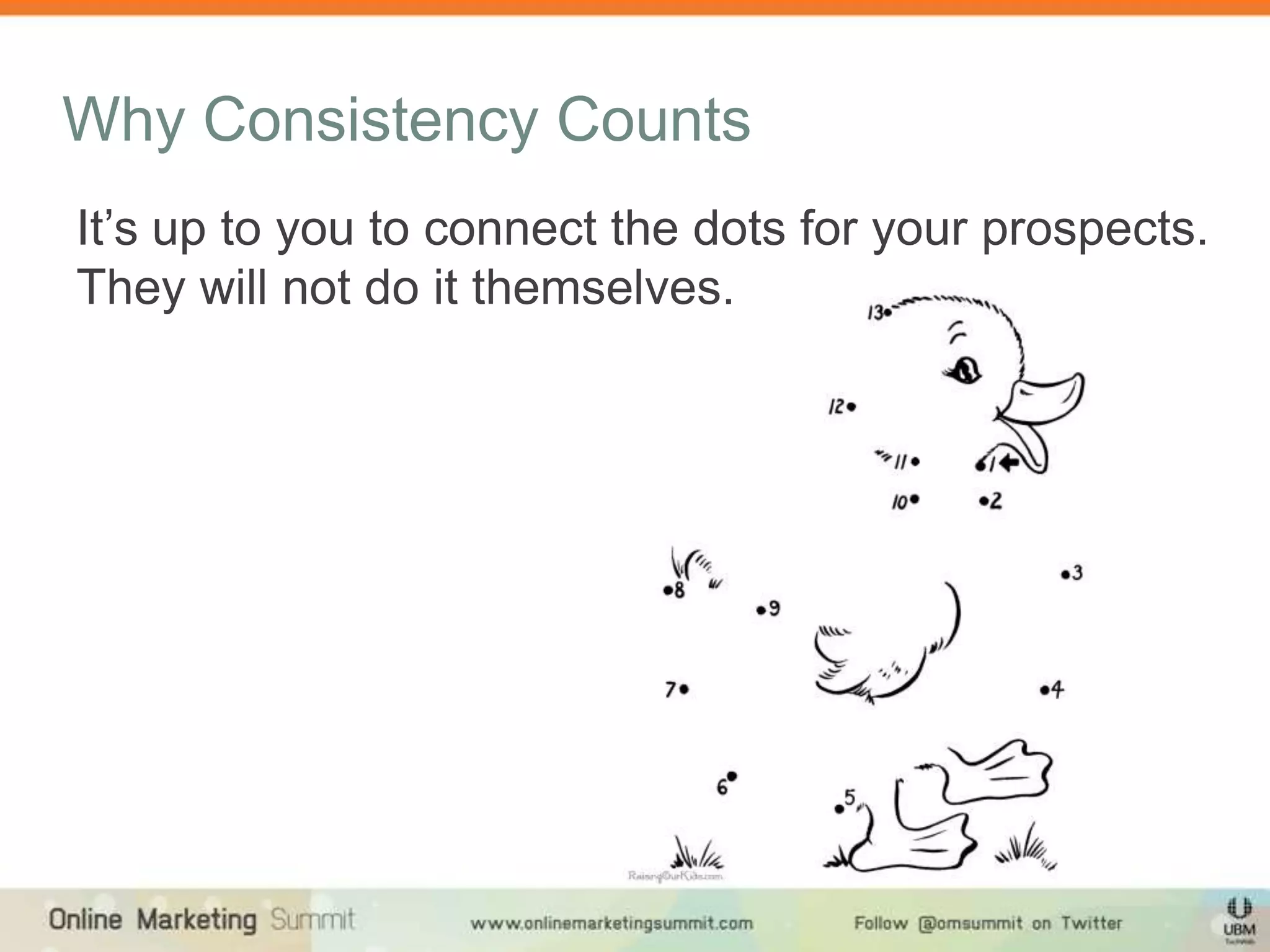 Why Consistency Counts
It’s up to you to connect the dots for your prospects.
They will not do it themselves.
 