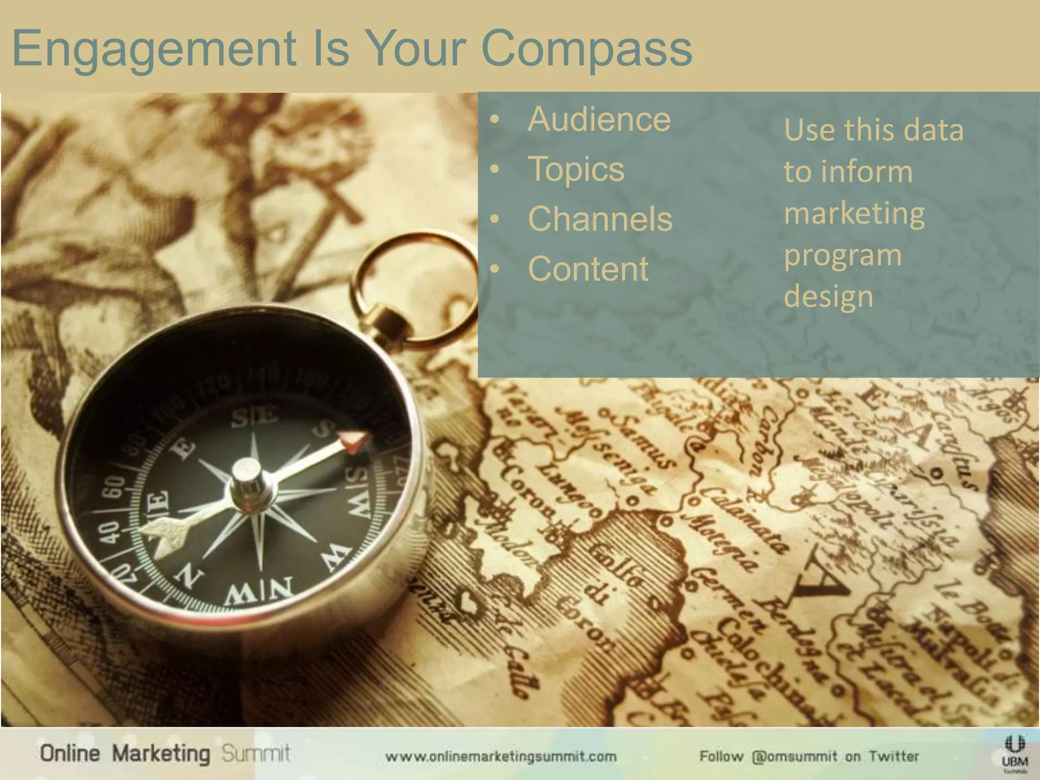 Engagement Is Your Compass
                  •   Audience   Use this data
                  •   Topics     to inform
                  •   Channels   marketing
                  •   Content    program
                                 design
 