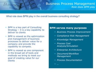 Business Process Management
                                                             Role does BPM play


What role does BPM play in the overall business consulting strategy?



 BPM is a key part of Consulting          BPM serves many purposes
  Strategy – it is a key capability to
  deliver to clients                           Business Process Improvement

 BPM is viewed as the optimization            Compliance Risk Management
  and management of business                   Knowledge Management
  processes to deliver value for a
  company and provide the                      Process Cost
  capability to compete.                        Analysis/Simulation

 BPM is viewed as one component               Enterprise Architecture
  in the broad set of tools and                Document/Workflow
  methods we bring to meet our                  Management
  goal of creating value for our
  clients                                      Process Documentation
                                               …
 