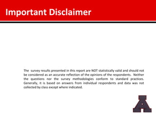 Important Disclaimer




    The survey results presented in this report are NOT statistically valid and should not
    be considered as an accurate reflection of the opinions of the respondents. Neither
    the questions nor the survey methodologies conform to standard practices.
    Generally, it is based on answers from individual respondents and data was not
    collected by class except where indicated.
 