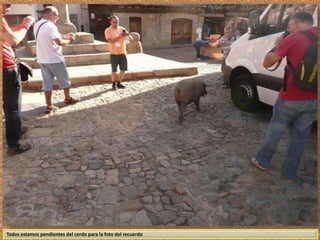 Todos estamos pendientes del cerdo para la foto del recuerdo 
 