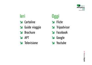 Ieri                    Oggi

       Cartoline       
       Flickr

       Guide viaggio   
       Tripadvisor

       Brochure        
       Facebook

       APT             
       Google

       Televisione     
       Youtube
 