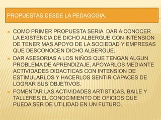 PROPUESTAS DESDE LA PEDAGOGIA.COMO PRIMER PROPUESTA SERIA  DAR A CONOCER LA EXISTENCIA DE DICHO ALBERGUE CON INTENSION DE TENER MAS APOYO DE LA SOCIEDAD Y EMPRESAS QUE DESCONOCEN DICHO ALBERGUE.DAR ASESORIAS A LOS NIÑOS QUE TENGAN ALGUN PROBLEMA DE APRENDIZAJE, APOYARLOS MEDIANTE ACTIVIDADES DIDACTICAS CON INTENSION DE ESTIMULARLOS Y HACERLOS SENTIR CAPACES DE LOGRAR SUS OBJETIVOS.FOMENTAR LAS ACTIVIDADES ARTISTICAS, BAILE Y TALLERES,EL CONOCIMIENTO DE OFICIOS QUE PUEDA SER DE UTILIDAD EN UN FUTURO.