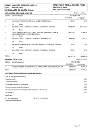 NOME: ALBERICO CORDEIRO DA SILVA                                      IMPOSTO DE RENDA - PESSOA FÍSICA
 CPF:  003.419.321-91                                                  EXERCÍCIO 2008
 DECLARAÇÃO DE AJUSTE ANUAL                                            Ano-Calendário 2007
DECLARAÇÃO DE BENS E DIREITOS                                                                    (Valores em Reais)

CÓDIGO     DISCRIMINAÇÃO                                                                 SITUAÇÃO EM
                                                                                  31/12/2006          31/12/2007

26         UMA LINHA TELEFONICA CELULAR ADQ DA TELEBRASILIA                              138,78                 138,78

           105          Brasil
61         SALDO EM CONTA CORRENTE NA CAIXA ECONOMICA FEDERAL                          38.180,72             126.773,01

           105          Brasil
21         UM AUTOMOVEL MODELO GOL ANO 2005/2006 ADQUIRIDO DE FAGA                     24.000,00              24.000,00
           VEICULOS LTDA EM 06/2005 R$ 24.000,00
           105     Brasil
61         SALDO EM CONTA CORRENTE NO BANCO DO BRASIL S/A                               8.880,83               2.363,40

           105          Brasil
41         SALDO EM CADERNETA DE POUPANÇA NA CAIXA ECONÔMICA FEDERAL                      16,61                  17,88

           105          Brasil
61         SALDO EM CONTA CORRENTE NA CAIXA ECONÔMICA FEDERAL                            186,81                  96,72

           105          Brasil

TOTAL                                                                                 242.513,56             324.499,60

DÍVIDAS E ÔNUS REAIS                                                                                (Valores em Reais)

CÓDIGO      DISCRIMINAÇÃO                                                                 SITUAÇÃO EM
                                                                                    31/12/2006         31/12/2007
11          SALDO DEVEDOR BB CONSIGNACAO EM FOLHA NO BANCO DO BRASIL S/A                23.059,58             16.766,93

TOTAL                                                                                   23.059,58             16.766,93

 INFORMAÇÕES DO CÔNJUGE/COMPANHEIRO(A)

 CPF do cônjuge/companheiro(a):
 Base de cálculo                                                                                                  0,00
 Total imposto pago                                                                                               0,00
 Carnê-leão e imposto complementar                                                                                0,00

 Rendimentos isentos e não tributáveis                                                                            0,00
 Rendimentos sujeitos à tributação exclusiva (inclusive 13º salário)                                              0,00
 RESULTADO                                                                                                        0,00

ESPÓLIO
CPF do inventariante:                         Nome do inventariante:
Endereço do inventariante:




                                                                                                 Página: 4
 
