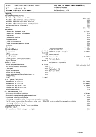NOME:          ALBERICO CORDEIRO DA SILVA                                         IMPOSTO DE RENDA - PESSOA FÍSICA
 CPF:           003.419.321-91                                                     EXERCÍCIO 2009
 DECLARAÇÃO DE AJUSTE ANUAL                                                        Ano-Calendário 2008

RESUMO
RENDIMENTOS TRIBUTÁVEIS
 Recebidos de Pessoa Jurídica pelo titular                                                                                               291.244,06
 Recebidos de Pessoa Jurídica pelos dependentes                                                                                                0,00
 Recebidos de Pessoa Física/Exterior pelo titular                                                                                              0,00
 Recebidos de Pessoa Física/Exterior pelos dependentes                                                                                         0,00
 Resultado tributável da Atividade Rural                                                                                                       0,00
 TOTAL                                                                                                                                   291.244,06
DEDUÇÕES
 Contribuição à previdência oficial                                                                                                       19.817,57
 Contribuição à previdência privada e FAPI                                                                                                     0,00
 Dependentes                                                                                                                                   0,00
 Despesas com instrução                                                                                                                        0,00
 Despesas médicas                                                                                                                              0,00
 Pensão alimentícia judicial                                                                                                                   0,00
 Pensão alimentícia por escritura pública                                                                                                      0,00
 Livro caixa                                                                                                                                   0,00
 TOTAL                                                                                                                                    19.817,57
IMPOSTO DEVIDO                                                           IMPOSTO A RESTITUIR                                                   0,00
 Base de cálculo                                              271.426,49 SALDO DE IMPOSTO A PAGAR                                         20.722,32
 Imposto                                                       68.056,35
 Dedução de incentivo                                               0,00 PARCELAMENTO
 Imposto devido I                                              68.056,35 Valor da quota                                                   10.361,16
 Contribuição Prev. Empregador Doméstico                            0,00 Número de Quotas                                                        2
 Imposto devido II                                             68.056,35
IMPOSTO PAGO                                                               INFORMAÇÕES BANCÁRIAS
 Imposto retido na fonte do titular                           47.334,03                                                    Débito automático: NÃO
 Imp. retido na fonte dos dependentes                               0,00   Banco
 Carnê-Leão                                                         0,00   Agência (sem DV)
 Imposto complementar                                               0,00   Conta para débito
 Imposto pago no exterior                                           0,00
 Imposto retido na fonte (Operações em bolsa - Lei                  0,00
 nº 11.033/2004)
 TOTAL                                                        47.334,03
EVOLUÇÃO PATRIMONIAL
 Bens e direitos em 31/12/2007                                                                                                           324.499,60
 Bens e direitos em 31/12/2008                                                                                                           329.664,92
 Dívidas e ônus reais em 31/12/2007                                                                                                       16.766,93
 Dívidas e ônus reais em 31/12/2008                                                                                                            0,00
 Informações do cônjuge                                                                                                                        0,00
OUTRAS INFORMAÇÕES
 Rendimentos isentos e não-tributáveis                                                                                                    17.847,40
 Rendimentos sujeitos à tributação exclusiva/definitiva                                                                                   13.120,30
 Imposto pago sobre Ganhos de Capital                                                                                                          0,00
 Imposto pago Moeda Estrangeira - Bens, direitos e aplicações financeiras                                                                      0,00
 Total do imposto retido na fonte (Operações em bolsa - Lei nº 11.033/2004), conforme dados informados pelo contribuinte                       0,00
 Imposto pago sobre Renda Variável                                                                                                             0,00
 Doações a Part. Políticos, Comitês Financ. e Candidatos                                                                                       0,00
IMPOSTO A PAGAR
 Ganhos de Capital - Moeda Estrangeira em Espécie                                                                                              0,00




                                                                                                                             Página: 5
 