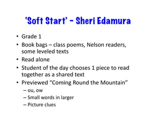 ‘Soft Start’ – Sheri Edamura
•  Grade	1	
•  Book	bags	–	class	poems,	Nelson	readers,	
some	leveled	texts	
•  Read	alone	
•  Student	of	the	day	chooses	1	piece	to	read	
together	as	a	shared	text	
•  Previewed	“Coming	Round	the	Mountain”	
– ou,	ow	
– Small	words	in	larger	
– Picture	clues	
 