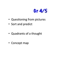 Gr 4/5
•  QuesJoning	from	pictures	
•  Sort	and	predict	
•  Quadrants	of	a	thought	
•  Concept	map	
 