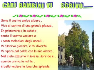Sono il vostro amico albero .
Vivo al centro di una grande piazza .
In primavera e in estate
sento il vostro vociare e
i canti melodiosi degli uccelli .
Vi osservo giocare, e mi diverto .
Vi riparo dal caldo con la mia ombra .
Nel cielo azzurro il sole mi sorride e ,
quando arriva la notte ,
è bello vedere la luna che splende
 