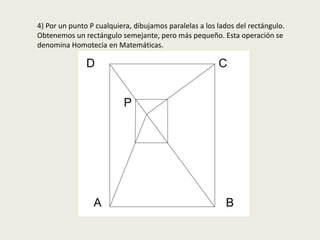 4) Por un punto P cualquiera, dibujamos paralelas a los lados del rectángulo.
Obtenemos un rectángulo semejante, pero más pequeño. Esta operación se
denomina Homotecia en Matemáticas.