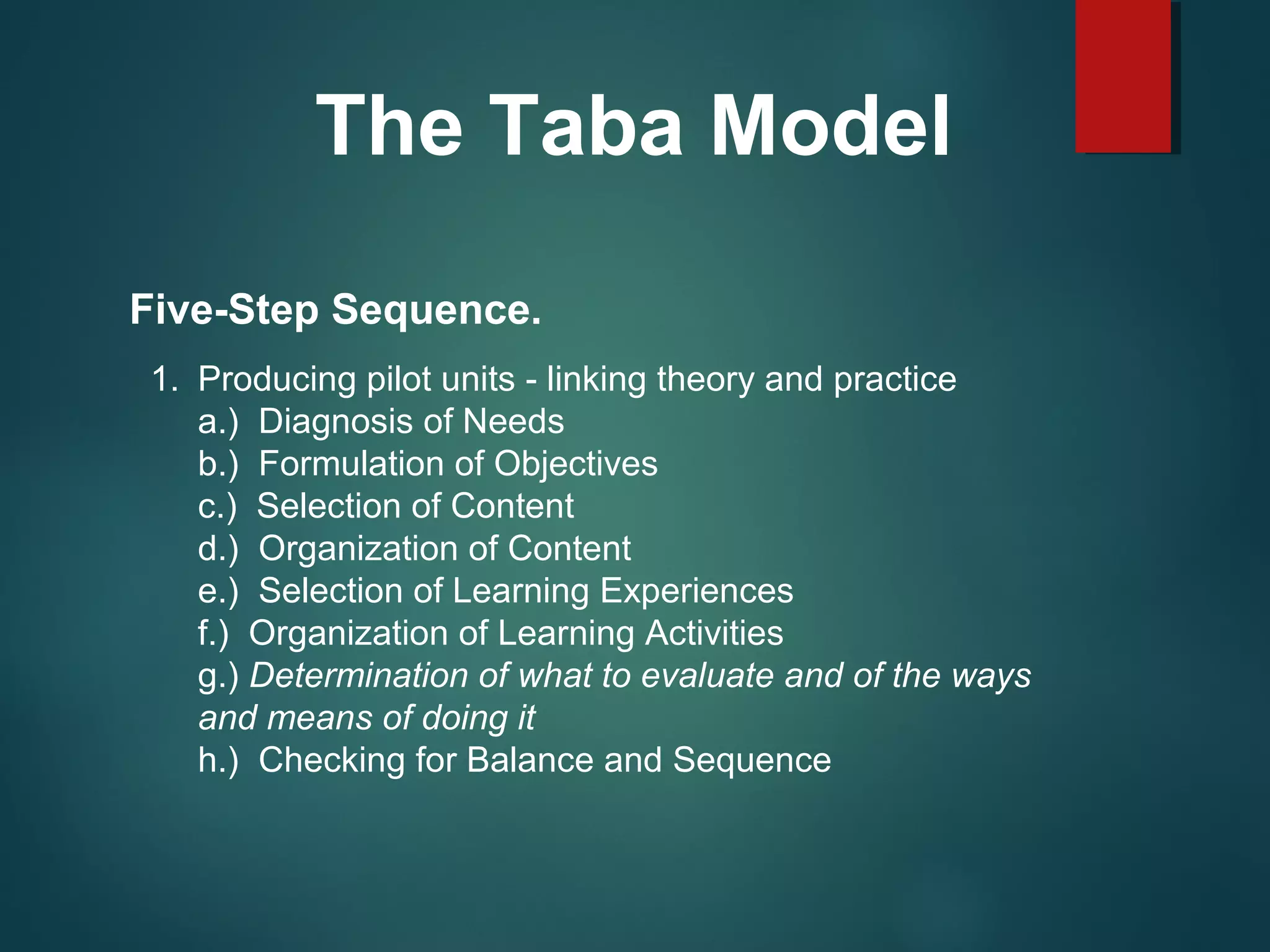The Taba Model
Five-Step Sequence.
1. Producing pilot units - linking theory and practice
a.) Diagnosis of Needs
b.) Formulation of Objectives
c.) Selection of Content
d.) Organization of Content
e.) Selection of Learning Experiences
f.) Organization of Learning Activities
g.) Determination of what to evaluate and of the ways
and means of doing it
h.) Checking for Balance and Sequence
 
