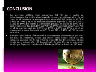 CONCLUSION
 .La inversión pública como proporción del PIB en el sector de
infraestructura ha venido disminuyendo durante los últimos años. Es así
como en el subsector de transporte ésta descendió del 1.03% en 1975 al
0.85% en 1995 y en el de telecomunicaciones cayó de 0.26% en 1.975 a
0.11% en 1995. En cuanto a la inversión privada, en el año de 1995 en el
primer subsector fue del 0.16% del PIB y en 1996 ascendió a 0.23% del PIB,
en el de energía pasó del 2.09% en 1995 a 2.93% en 1996 y en el de
telecomunicaciones descendió de 0.51 % del PIB a 0.47% del PIB durante
esos años.
 .Colombia contaba en 1996 con 9 km de carreteras pavimentadas por cada
mil km2 de superficie, siendo que países como Ghana tenían 35 km,
Indonesia contaba con 61 km y Corea tenía 346 km De otro lado, el país
poseía en el mismo año 100 km/mill.hab. de vías férreas en operación,
siendo que Argentina contaba con 1.106 km/mill.hab. y Brasil con 147 km/
 