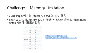 Challenge – Memory Limitation
• BERT Paper에서는 Memory 64GB의 TPU 활용
• Titan X GPU (Memory 12GB) 활용 시 OOM 문제로 Maximum
batch size가 아래와 같음
https://github.com/google-
research/bert/blob/master/README.md
 