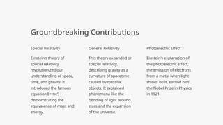 Groundbreaking Contributions
Special Relativity
Einstein's theory of
special relativity
revolutionized our
understanding of space,
time, and gravity. It
introduced the famous
equation E=mc²,
demonstrating the
equivalence of mass and
energy.
General Relativity
This theory expanded on
special relativity,
describing gravity as a
curvature of spacetime
caused by massive
objects. It explained
phenomena like the
bending of light around
stars and the expansion
of the universe.
Photoelectric Effect
Einstein's explanation of
the photoelectric effect,
the emission of electrons
from a metal when light
shines on it, earned him
the Nobel Prize in Physics
in 1921.
 