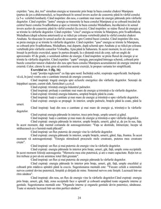 expirăm: "unu, doi, trei" simultan energia se transmite prin braţe la baza conului chakrei Manipura
(partea de jos a abdomenului), se înşurubează în sensul invers acelor de ceasornic până în vârful conului
(a 5-a vertebră lombară). Când inspirăm: din nou, o cantitate mai mare de energie pătrunde prin vârfurile
degetelor. Când expirăm: "patru" energia se transmite la baza conului Manipura şi se coboară trecând de
centrul bazei conului Svadhisthana şi apoi se trimite la baza conului Muladhara, încolăcind-o în sensul
invers acelor de ceasornic până în vârful conului (la coccis). Când inspirăm: se reţine fluxul de energie şi
se trimite la vârfurile degetelor. Când expirăm: "cinci" energia se trimite la Manipura, prin Svadhisthana,
Muladhara (după schema anterioară) şi se ridică pe coloana vertebrală până la vârful conului chakrei
Anahata. Se răsuceşte în sensul acelor de ceasornic spre Centrul bazei conului. Când inspirăm:'din nou,
se preia energia şi se trimite la vârfurile degetelor. Când expirăm: "şase" energia se trimite la Manipura,
se coboară prin Svadhisthana, Muladhara, mai departe, după schemă spre Anahata şi se ridică pe coloana
vertebrală prin vârfurile conurilor Vishudha, Ajna până la Sahasrara. In acest moment, la cei care şi-au
însuşit la perfecţie exerciţiul, apare în partea dreaptă, la o distanţă mică de corp, sub un unghi de
aproximativ 45 de grade, o semilună subtire de energie. Când inspirăm: se preia fluxul de energie şi se
trimite la vârfurile degetelor. Când expirăm: "şapte" energia, parcurgând întreaga schemă, coboară prin
bazele conurilor tuturor chakrelor din nou spre baza conului Manipura acumulatorul de energie internă şi
externă. Celor, cărora le este greu să asimileze aceste exercţii, le propun varianta lor simplificată.
Exerciţiul nr. 1 (fig. 16)
Luaţi "poziţia rugăciunii" cu faţa spre nord. Închideţi ochii, respiraţie superficială. Inchipuiţi-
vă că, în jurul vostru este o cantitate imensă de energie cosmică.
Când inspiraţi: trageţi energia spre ecluzele energetice din vârfurile degetelor. Senzaţii de
înţepături uşoare, curent slab, furnicături ş.a.m.d.
Când expiraţi: trimiteţi energia înăuntrul palmelor.
Când inspiraţi: preluaţi o cantitate mai mare de energie şi trimiteţi-o la vârfurile degetelor.
Când expiraţi: trimiteţi energia înăuntru, umpleţi braţele până la coate.
Când inspiraţi: luaţi o cantitate şi mai mare de energie şi trimiteţi-o spre vârfurile degetelor.
Când expiraţi: energia se propagă în interior, umple palmele, braţele până la coate, până la
umeri.
Când inspiraţi: luaţi din nou o cantitate şi mai mare de energie şi, trimiteţi-o la vârfurile
degetelor.
Când expiraţi energia pătrunde în interior, trece prin braţe, umple umerii şi gâtul.
Când inspiraţi: luaţi o cantitate şi mai mare de energie şi trimiteţi-o spre vârfurile degetelor.
Când expiraţi: energia pătrunde în interior, umple braţele, umerii, gâtul şi, de jos în sus, faţa.
In acest moment, daţi mental comanda de autosugestionare: "Faţa se destinde, întinereşte; începe să
strălucească cu o lumină mată plăcută".
Când inspiraţi: un flux puternic de energie vine la vârfurile degetelor.
Când expiraţi: energia pătrunde în interior, umple braţele, umerii, gâtul, faţa, fruntea. În acest
moment vă autosugestionaţi: "Energia stimulează procesele mele creatoare, puterea mea creatoare
creşte".
Când inspiraţi: un flux şi mai puternic de energie vine la vârfurile degetelor.
Când expiraţi: energia pătrunde în interior prin braţe, umeri, gât, faţă, umple zona occipitală.
In acest moment folosiţi autosugestia: "Memoria mea este puternică, şi are o mare capacitate. Reţin tot ce
îmi trebuie şi pot să-mi amintesc totul fără greutate".
Când inspiraţi: un flux şi mai puternic de energie pătrunde la vârfurile degetelor.
Când expiraţi: energia pătrunde în interior prin braţe, umeri, gât, faţă, umple encefalul şi
coboară prin măduva spinării până la coccis. Sugestionarea mentală este: '"Fiecare celulă a sistemului
nervos central devine puternică, liniştită şi dirijată de mine. Sistemul nervos este liniştit. Lucrează într-un
ritm sănătos".
Când inspiraţi: din nou, un flux de energie vine la vârfurile degetelor.Când expiraţi: energia
prin braţe, umeri, gât, faţă, zona occipitală face o spirală' şi coboară umplând toate organele interne şi
genitale. Sugestionarea mentală este: "Organele interne şi organele genitale devin puternice, sănătoase.
Toate si stemele lucrează într-un ritm perfect sănătos".
24
 