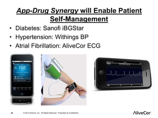 App-Drug Synergy will Enable Patient 
Self-Management 
• Diabetes: Sanofi iBGStar 
• Hypertension: Withings BP 
• Atrial Fibrillation: AliveCor ECG 
40 © 2013 AliveCor, Inc. All Rights Reserved. Proprietary & Confidential. 
 