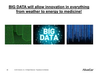 BIG DATA will allow innovation in everything 
from weather to energy to medicine! 
43 © 2013 AliveCor, Inc. All Rights Reserved. Proprietary & Confidential. 
 