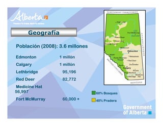 Geografía

Población (2008): 3.6 millones

Edmonton          1 millón
Calgary           1 millón
Lethbridge         95,196
Red Deer           82,772
Medicine Hat
56,997                           60% Bosques
Fort McMurray      60,000 +      40% Pradera
 
