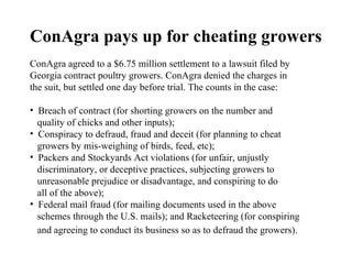 ConAgra pays up for cheating growers
ConAgra agreed to a $6.75 million settlement to a lawsuit filed by
Georgia contract poultry growers. ConAgra denied the charges in
the suit, but settled one day before trial. The counts in the case:

• Breach of contract (for shorting growers on the number and
  quality of chicks and other inputs);
• Conspiracy to defraud, fraud and deceit (for planning to cheat
  growers by mis-weighing of birds, feed, etc);
• Packers and Stockyards Act violations (for unfair, unjustly
  discriminatory, or deceptive practices, subjecting growers to
  unreasonable prejudice or disadvantage, and conspiring to do
  all of the above);
• Federal mail fraud (for mailing documents used in the above
  schemes through the U.S. mails); and Racketeering (for conspiring
  and agreeing to conduct its business so as to defraud the growers).
 