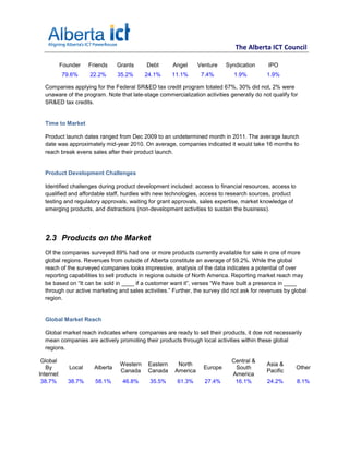 The Alberta ICT Council

           Founder    Friends     Grants     Debt       Angel     Venture    Syndication    IPO
           79.6%      22.2%       35.2%      24.1%      11.1%      7.4%         1.9%       1.9%

  Companies applying for the Federal SR&ED tax credit program totaled 67%, 30% did not, 2% were
  unaware of the program. Note that late-stage commercialization activities generally do not qualify for
  SR&ED tax credits.


  Time to Market

  Product launch dates ranged from Dec 2009 to an undetermined month in 2011. The average launch
  date was approximately mid-year 2010. On average, companies indicated it would take 16 months to
  reach break evens sales after their product launch.


  Product Development Challenges

  Identified challenges during product development included: access to financial resources, access to
  qualified and affordable staff, hurdles with new technologies, access to research sources, product
  testing and regulatory approvals, waiting for grant approvals, sales expertise, market knowledge of
  emerging products, and distractions (non-development activities to sustain the business).




  2.3 Products on the Market
  Of the companies surveyed 89% had one or more products currently available for sale in one of more
  global regions. Revenues from outside of Alberta constitute an average of 59.2%. While the global
  reach of the surveyed companies looks impressive, analysis of the data indicates a potential of over
  reporting capabilities to sell products in regions outside of North America. Reporting market reach may
  be based on “It can be sold in ____ if a customer want it”, verses “We have built a presence in ____
  through our active marketing and sales activities.” Further, the survey did not ask for revenues by global
  region.


  Global Market Reach

  Global market reach indicates where companies are ready to sell their products, it doe not necessarily
  mean companies are actively promoting their products through local activities within these global
  regions.

 Global                                                                        Central &
                                   Western    Eastern    North                             Asia &
   By         Local     Alberta                                     Europe      South                   Other
                                   Canada     Canada    America                            Pacific
Internet                                                                       America
 38.7%       38.7%      58.1%       46.8%     35.5%      61.3%      27.4%       16.1%       24.2%       8.1%
 