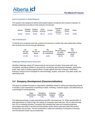 The Alberta ICT Council


Active Investment in Global Regions

This question was designed to identify which global regions companies were actively investing in to
develop awareness and sales for their products and services.

                                                                  Central &
                    Western   Eastern      North                                 Asia &
        Alberta                                       Europe       South                     Other
                    Canada    Canada      America                                Pacific
                                                                  America
        50.0%        45.2%     33.9%       58.1%      21.0%        17.7%         19.4%      12.9%


Use of Distributors

To identify how companies took their products and services to market, they were asked about selling
their products and services through distributors.

                                                                       Yes,                Yes,
                    No,          No,                No,
                                                                  We are looking           The
                  We sell     We are not      We are looking
                                                                    for other        relationship is
                  directly     Ready          for a distributor
                                                                   distributors           great
                  41.9%         16.1%               6.5%              32.3%               4.8%


Challenges Selling Product & Services

Identified challenges selling ICT-based products and services included: hiring sales staff, local
competition, educating markets on new products, developing clear branding messages, reaching the
buyer, high costs of creating regional offices, of sales against short term revenues, certification,
financing, having to be an evangelist for new technology, location, price-point, long sales cycles, and
advertising reach.




2.4 Company Development (Commercialization)
This group of questions focused on organization capabilities related to selling and supporting products.
It includes a quick assessment of spending on sales, marketing, customer support, and staff training as
a percentage of overall spending:

                          Sales         Marketing       Customer       Staff
                       Expenditures    Expenditures      Support      Training
                          14.0%           7.3%            13.6%        6.2%

The highest percentage of sales expenditures was 80%, the lowest was 1%. While spending 80% of
total expenditures on sales is high, the majority of companies spent less than 10% on sales and less
than 5% on marketing activities. Companies that indicated high sales and marketing spending
percentages were likely in the late-commercialization phase where costs associated with product
development may be lower. The low investments in sales and marketing of companies in the early-
commercialization phase may be problematic.
 