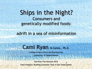 Ships in the Night?
Consumers and
genetically modified foods:
adrift in a sea of misinformation
Cami Ryan, B.Comm., Ph.D.
College of Agriculture and Bioresources
University of Saskatchewan
Nutrition File Seminar 2014
Food Integrity: Building Consumer Trust in Our Food System
1
 