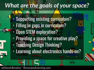 @DianaLRendina * RenovatedLearning.com
What are the goals of your space?
• Supporting existing curriculum?
• Filling in gaps in curriculum?
• Open STEM exploration?
• Providing a space for creative play?
• Teaching Design Thinking?
• Learning about electronics hands-on?
 
