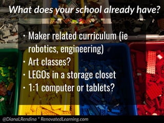 @DianaLRendina * RenovatedLearning.com
What does your school already have?
• Maker related curriculum (ie
robotics, engineering)
• Art classes?
• LEGOs in a storage closet
• 1:1 computer or tablets?
 