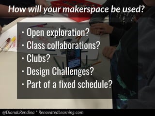 @DianaLRendina * RenovatedLearning.com
How will your makerspace be used?
• Open exploration?
• Class collaborations?
• Clubs?
• Design Challenges?
• Part of a fixed schedule?
 