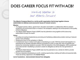 DOES CAREER FOCUS FIT WITH ACB?


 The Alberta Congress Board is a not-for-profit organization that brings together diverse
 stakeholders to address socio-economic issues of mutual concern.
 Mission
  • To engage business, labour, government, education and health in a collaborative effort to achieve
    consensus and recommend action on issues in the workplace, leading to the enhancement of the quality
    of life for Albertans.
  • The Alberta Skills Network Project (ASNP) has the potential to bring together all the above key
    stakeholders through the project.
 Vision
  • Providing non-partisan leadership by promoting and facilitating collaborative problem solving of relevant
     issues in the workplace.
  • Shaping the future of the workplace in Alberta .
  • A predominant issue in today’s work place is developing our youth. With the present demographic it is
     essential that we develop seamless efficient processes for youth to enter their area of expertise and
     receive the mentorship needed to succeed. With the networks of the ACB delegates. ACB is positioned
     to be instrumental in facilitating a process to assist its delegates as well as the next generation of
     workers.
  • The Alberta Skills Network Project (ASNP) also has the potential to be a vehicle for ACB to provide
     another forum for leaders.
  • Previous resolutions developing our youth, creating opportunities, building soft skills and essential skills.
     These are all key objectives to the Career Focus.
 List of resolutions - demonstrated interest from delegates
 